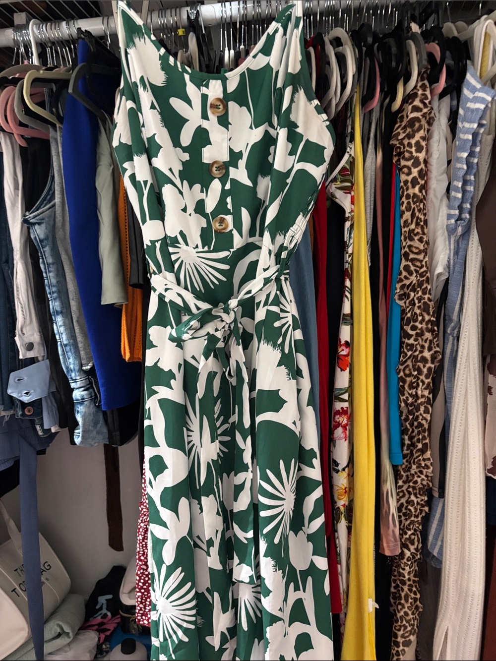 Green and White Floral Tie-Waist long Dress